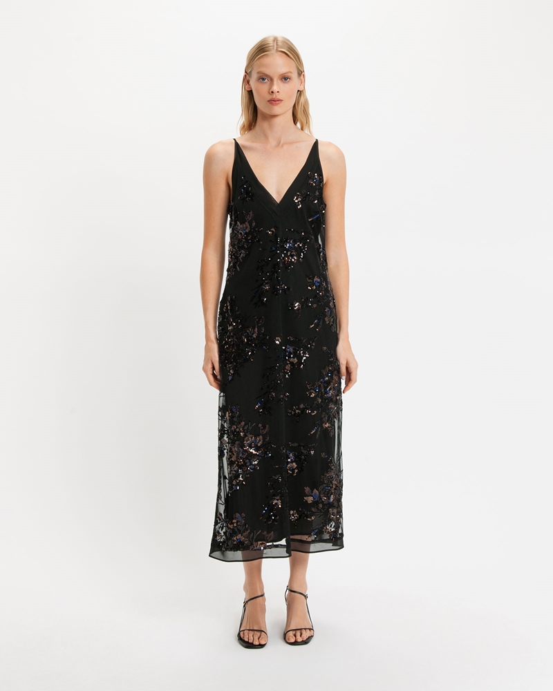 Sale | Sequin Mesh Slip Dress | 990 Black