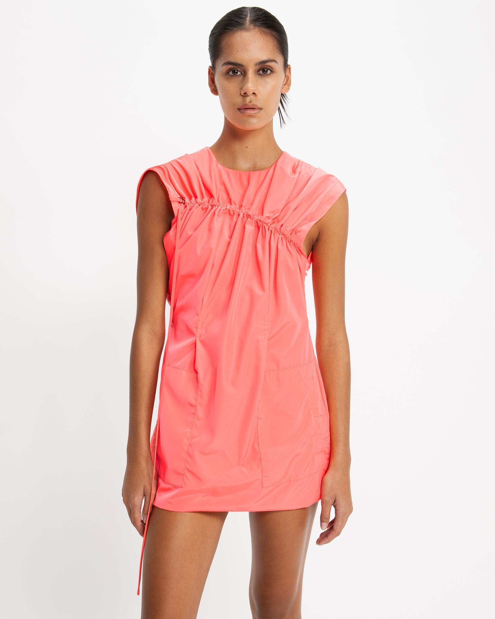 Sale | Ruched Taffeta Mini Dress | 517 Neon Pink
