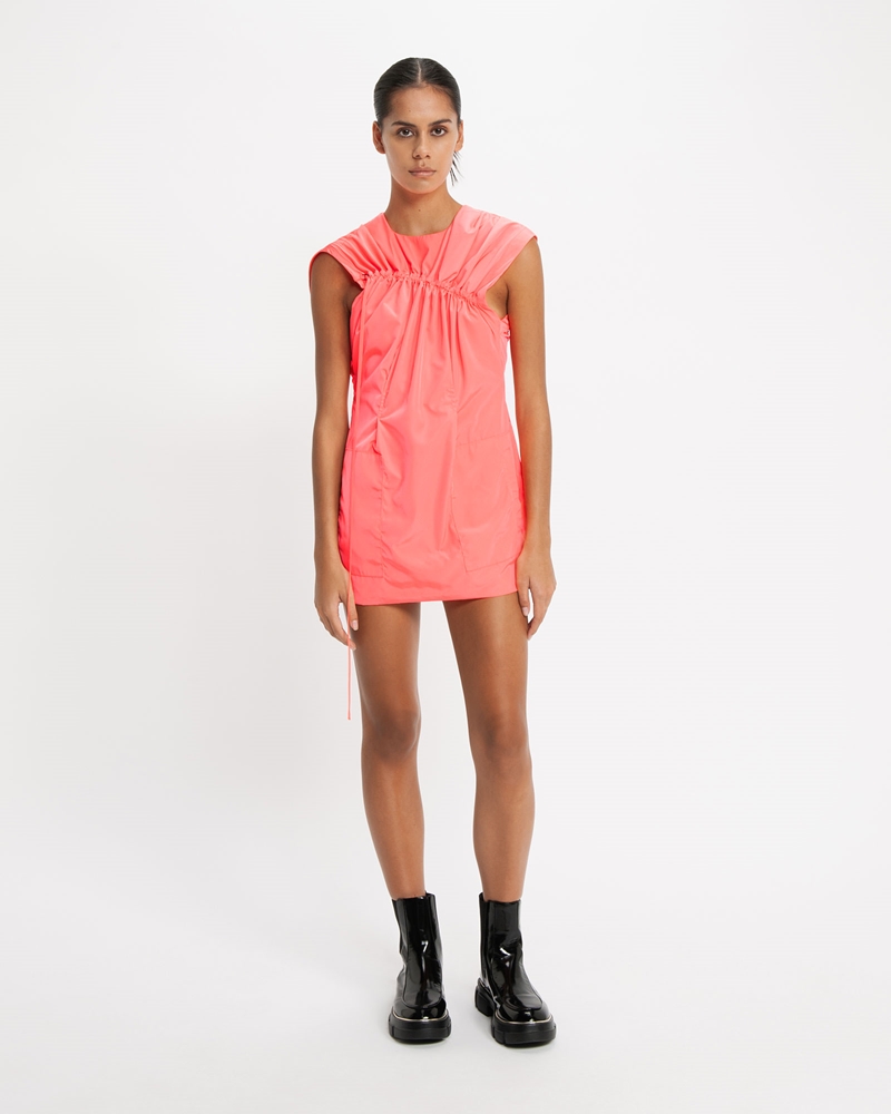 Sale | Ruched Taffeta Mini Dress | 517 Neon Pink