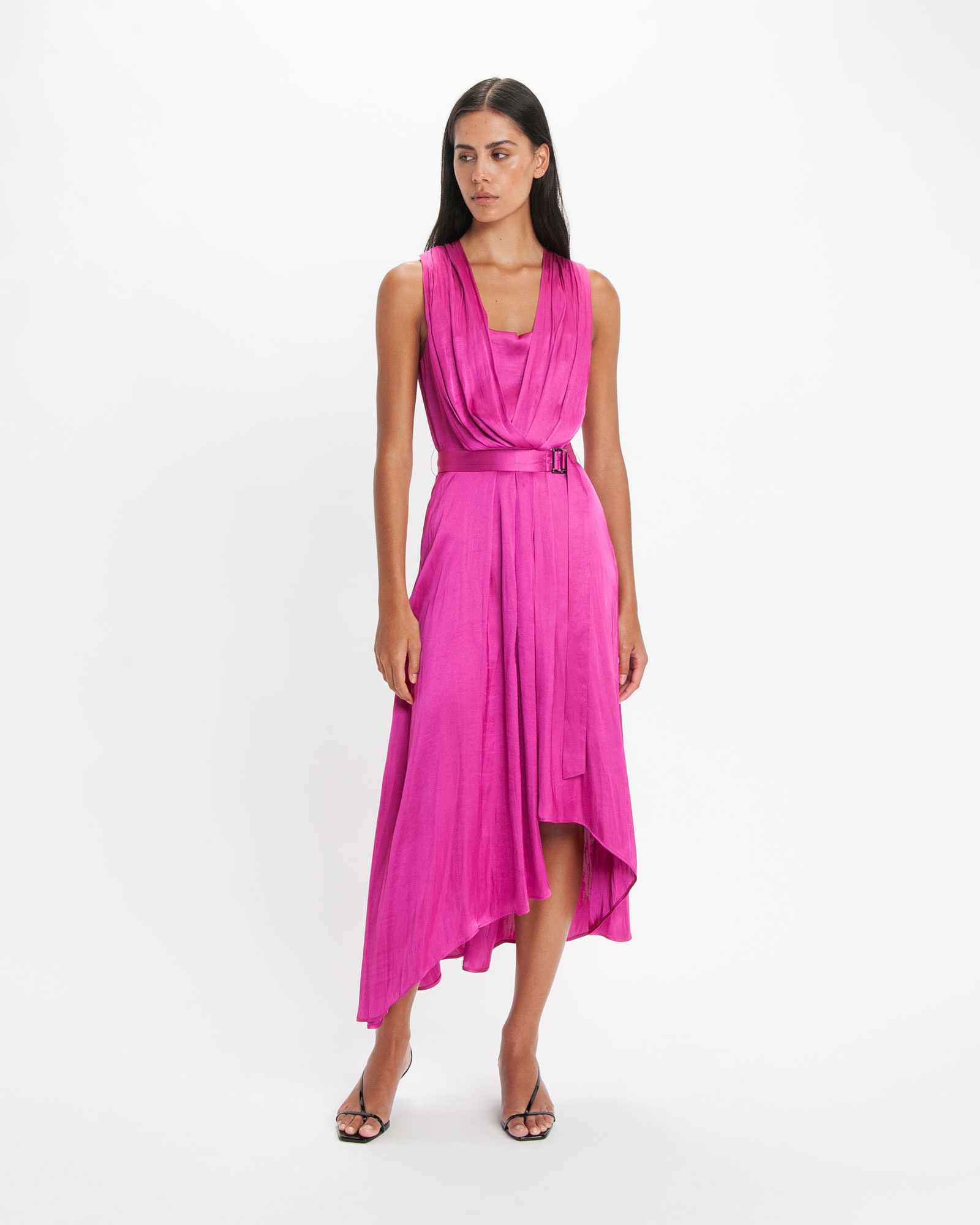 Sale | Twill Satin Draped Dress | 550 Fuchsia