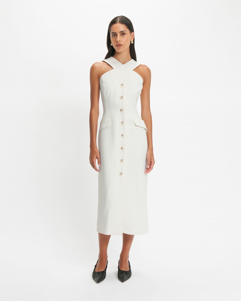 CUE - Ivory Twill Crossover Neck Column Dress