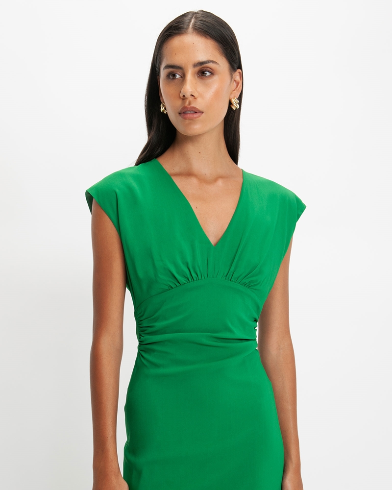 Dresses | Ruched Bodice V-Neck Midi Dress | 374 Vivid Green