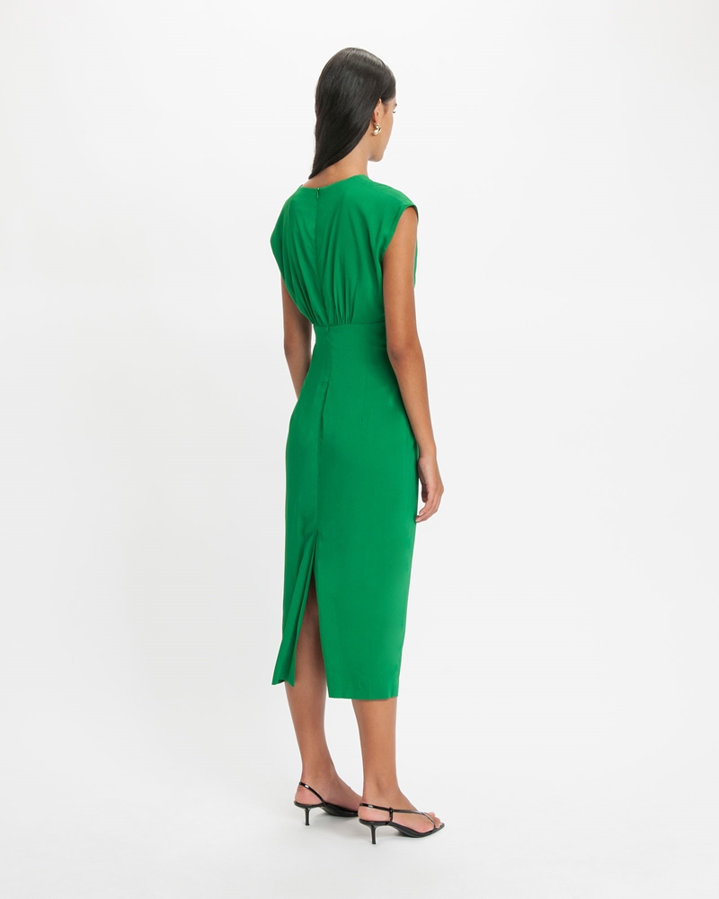 Dresses  | Ruched Bodice V-Neck Midi Dress | 374 Vivid Green