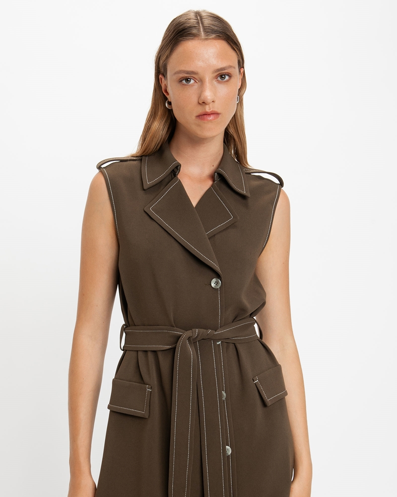 Sale | Crepe Top Stitch Trench Dress | 360 Olive
