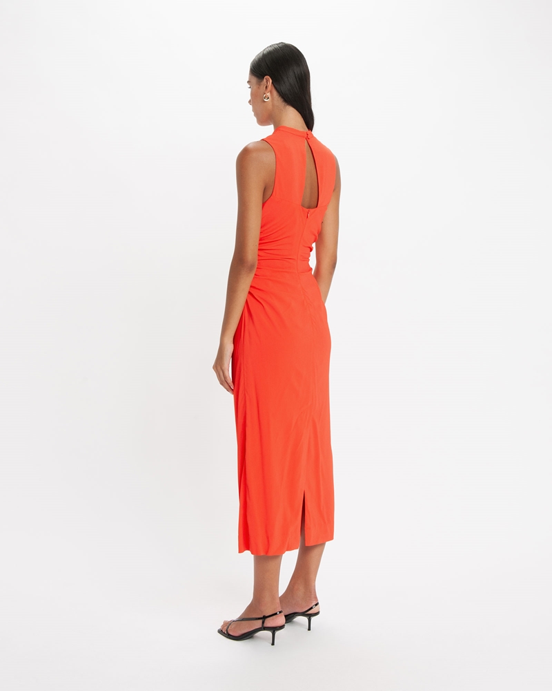 Dresses  | Vermillion Ruched Waist Midi Dress | 675 Vermillion