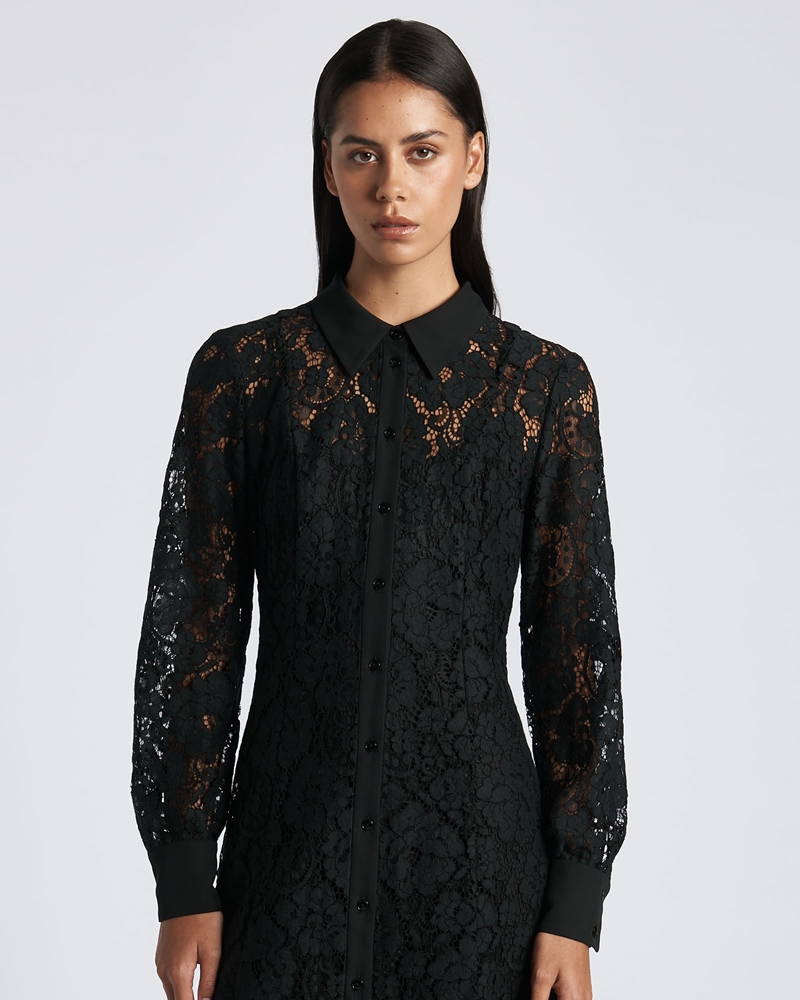 Sale | Lace Mini Shirt Dress | 990 Black