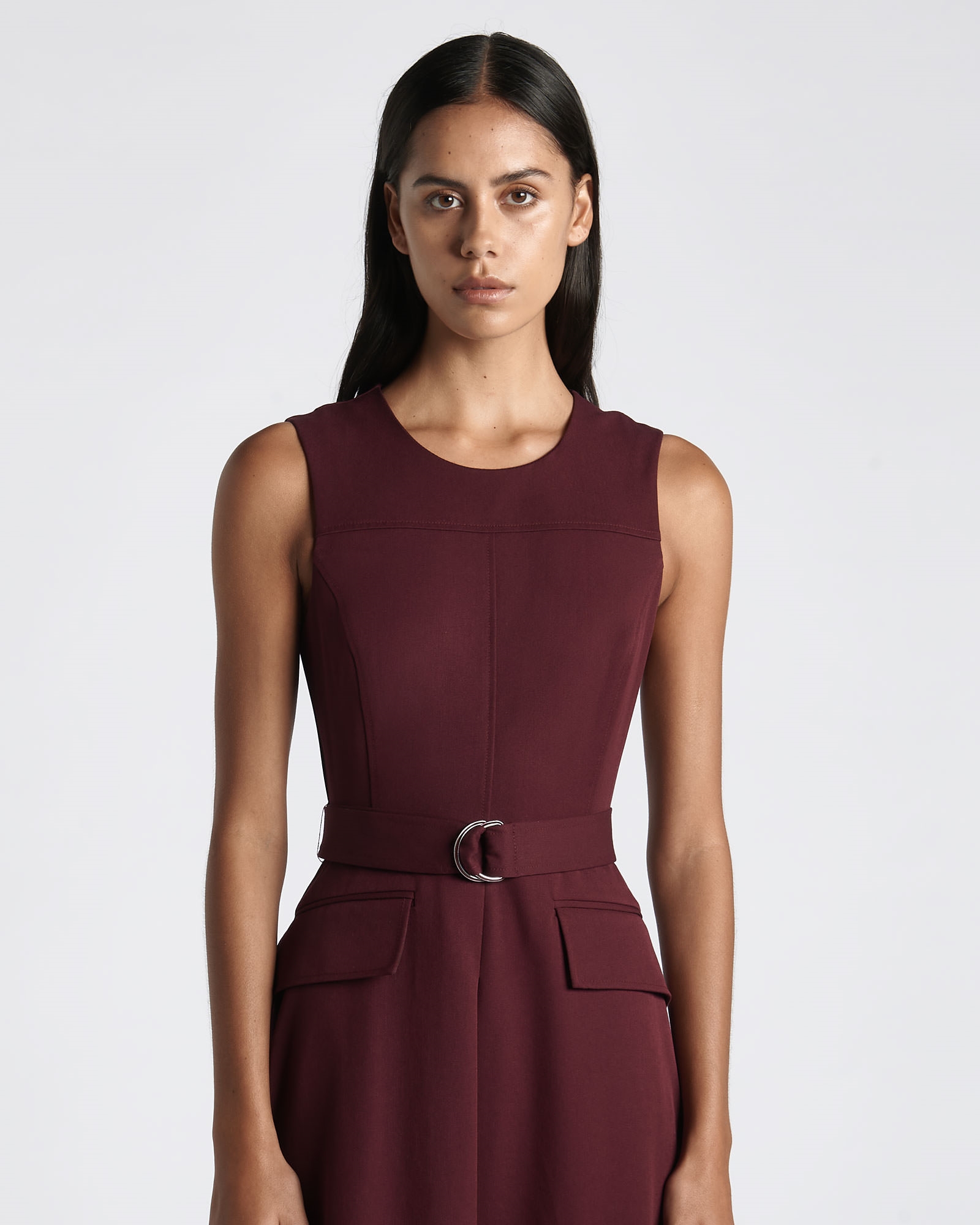 New Arrivals  | Eco Twill Belted A-Line Dress | 619 Bordeaux