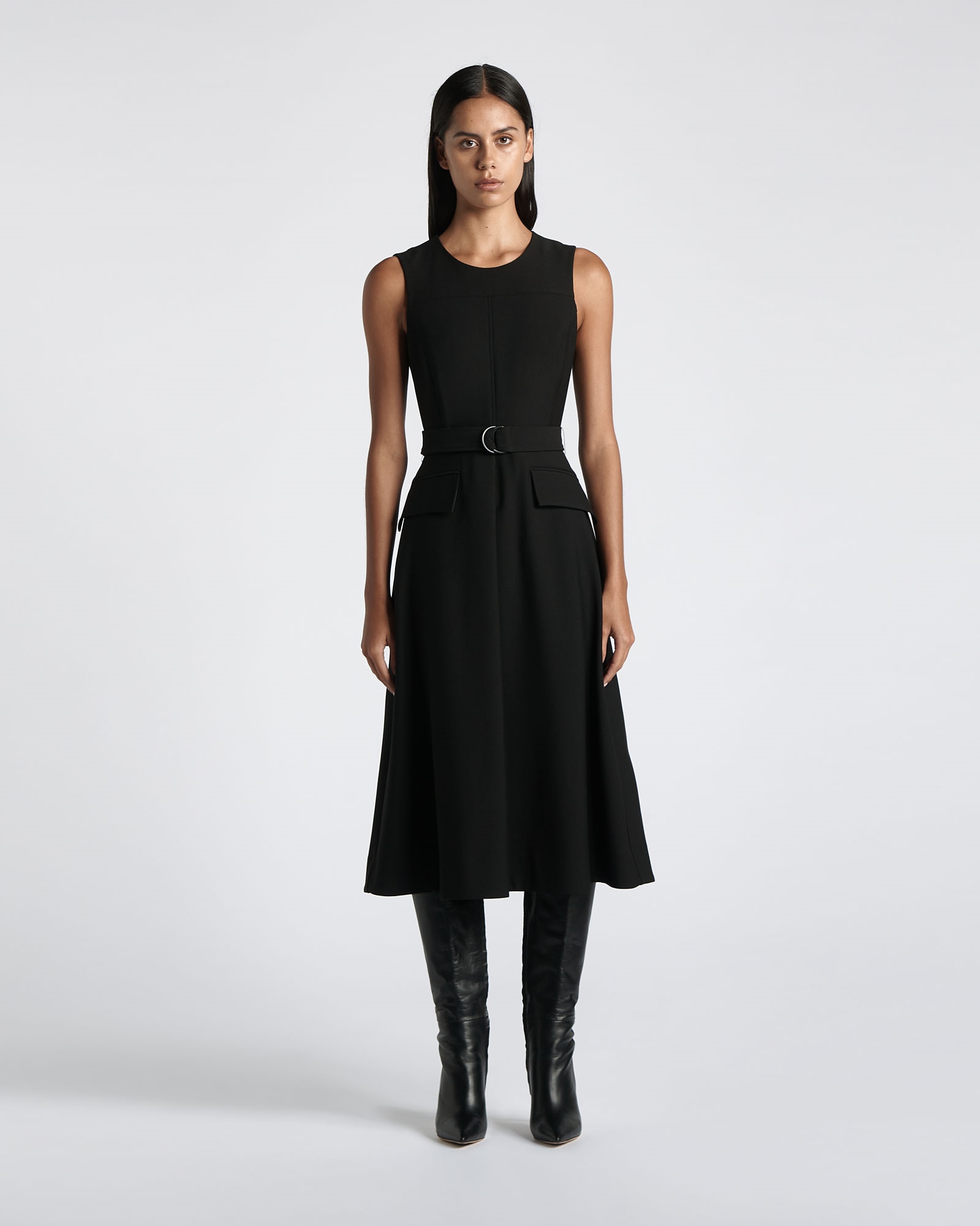 Dresses | Matte Stretch Belted A-Line Midi Dress | 990 Black