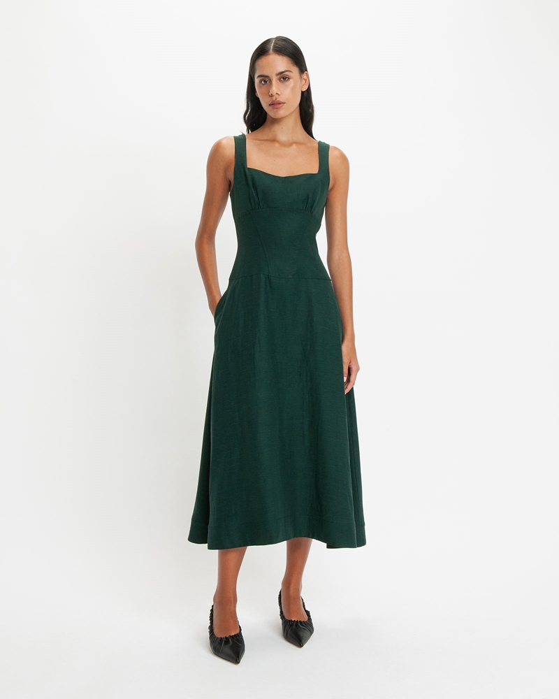 Occasionwear | Square Neck Panelled Midi Dress | 336 Bottle Green