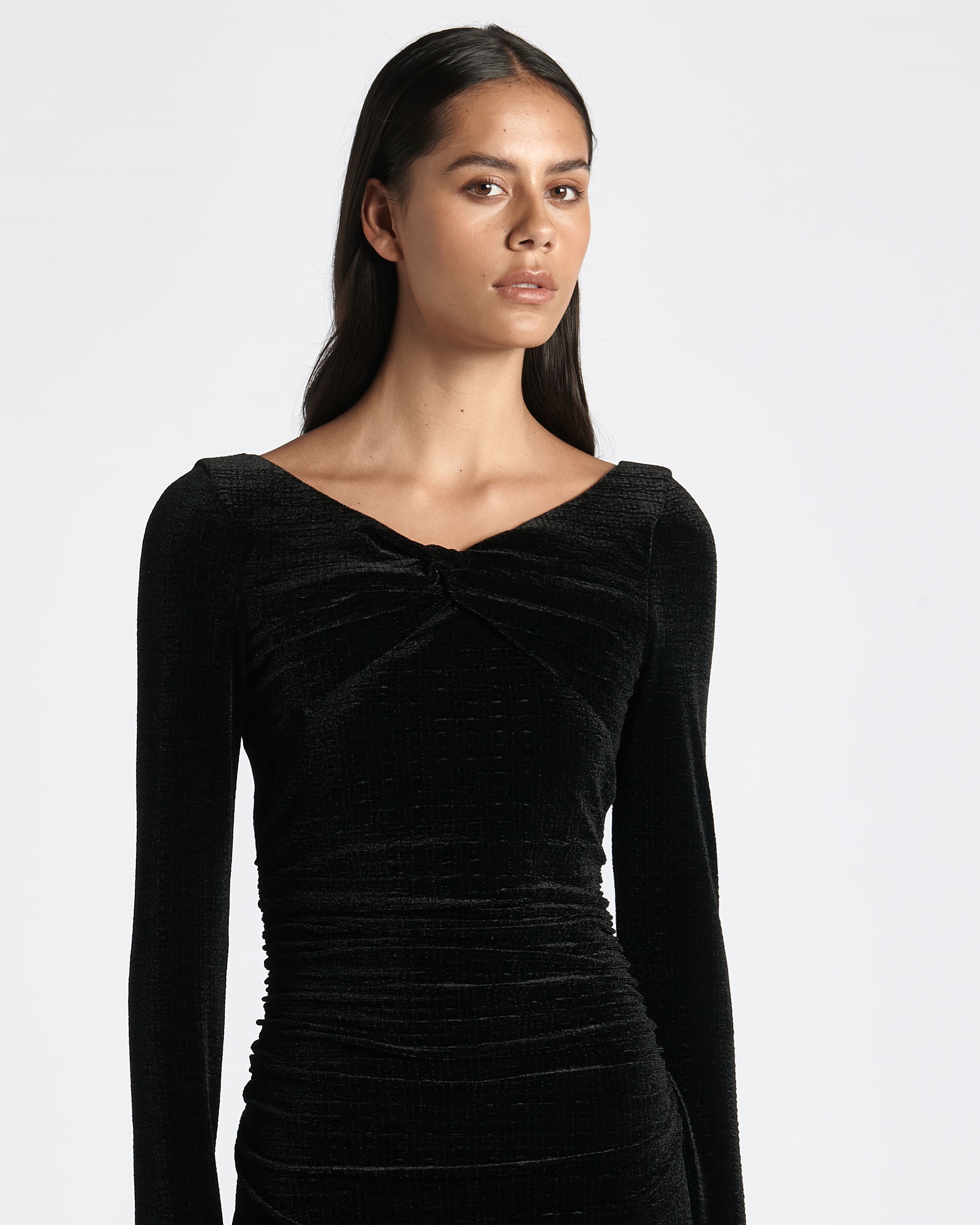 Dresses  | Twist Front Velvet Midi Dress | 990 Black