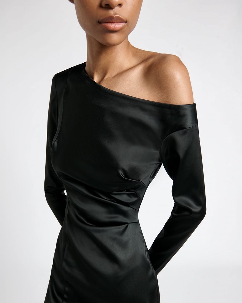 Dresses  | Stretch Satin Off Shoulder Mini Dress | 990 Black