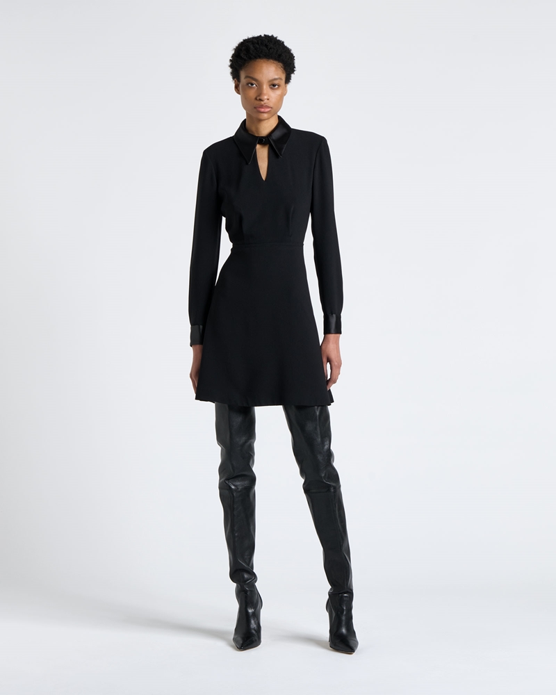 New Arrivals | Satin Collar Long Sleeve Mini Dress | 990 Black