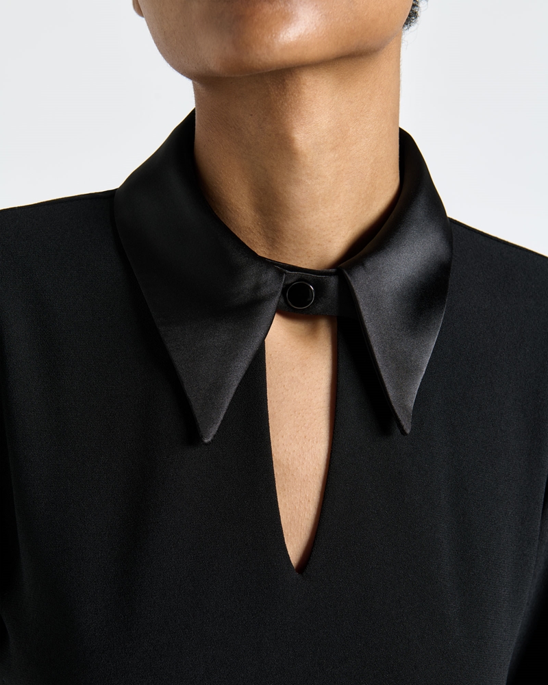 New Arrivals  | Satin Collar Long Sleeve Mini Dress | 990 Black