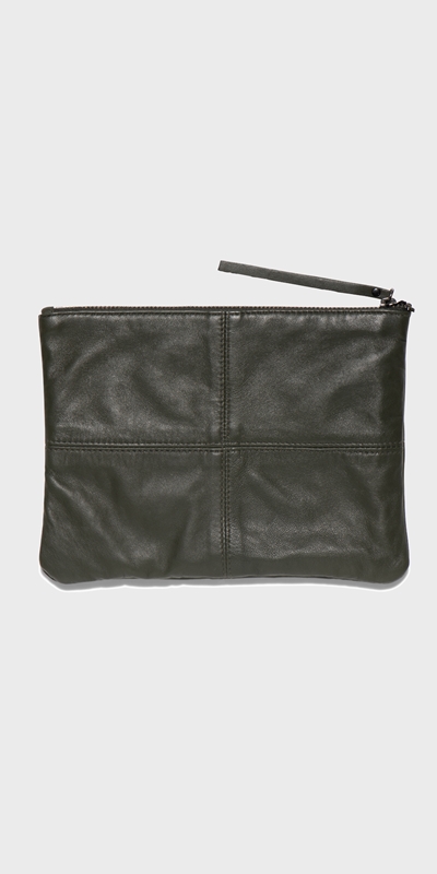 Cue Cares - Sustainable | Leather Zip Pouch | 360 Olive
