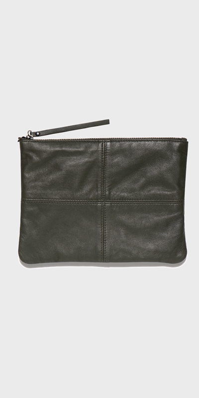Cue Cares - Sustainable  | Leather Zip Pouch | 360 Olive