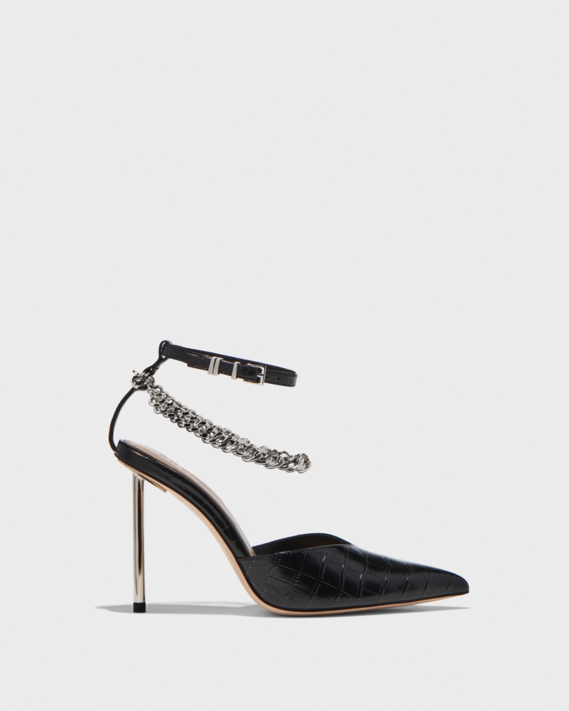 Leather | Embossed Leather Chain and Metal Heel | 990 Black
