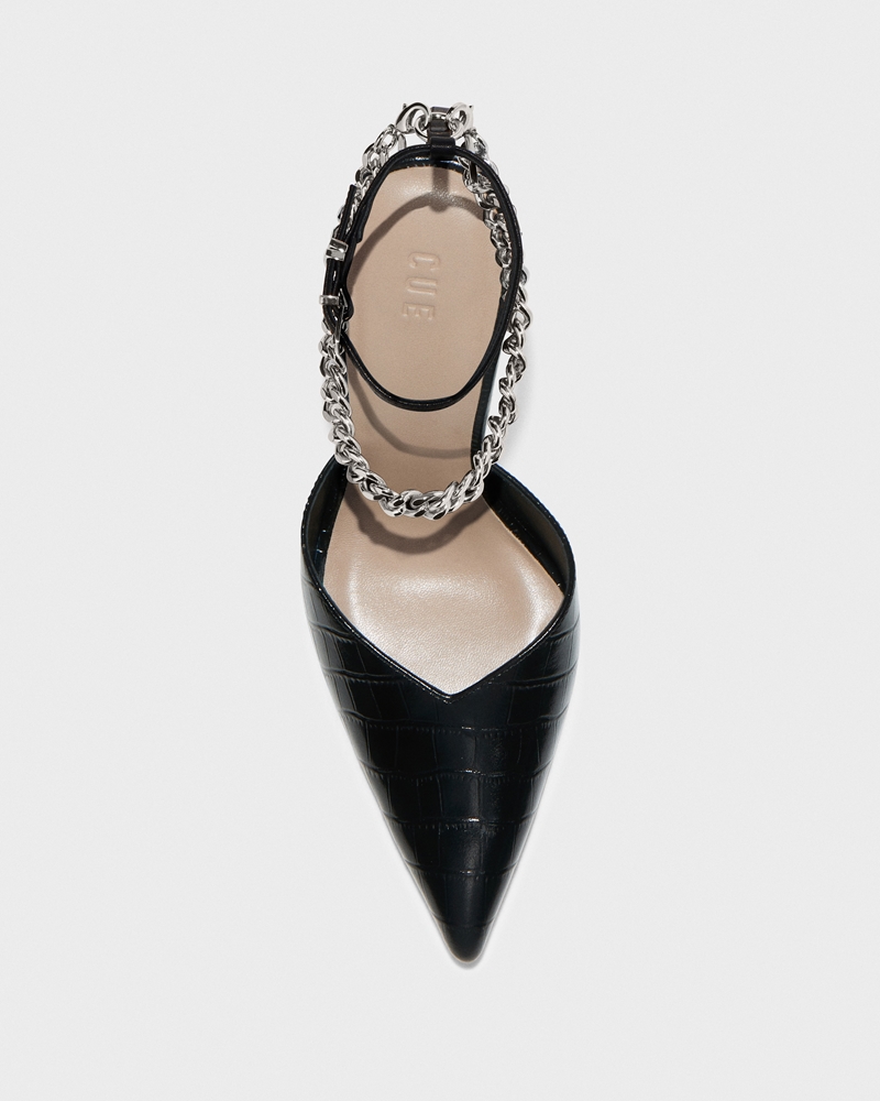 New Arrivals  | Embossed Leather Chain and Metal Heel | 990 Black