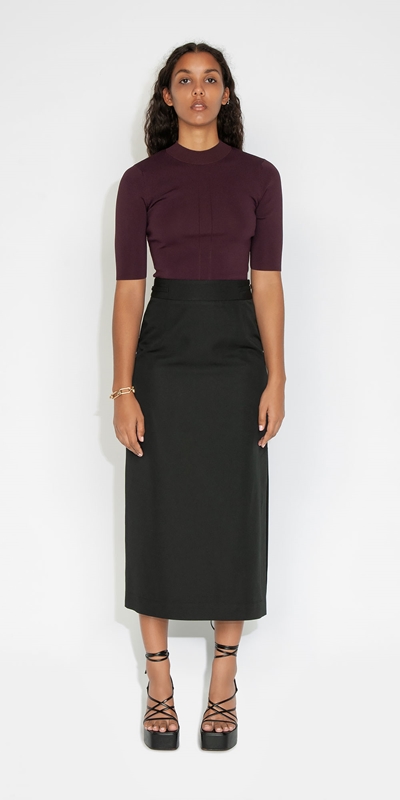 Sale | Modal Side Split Column Skirt | 990 Black