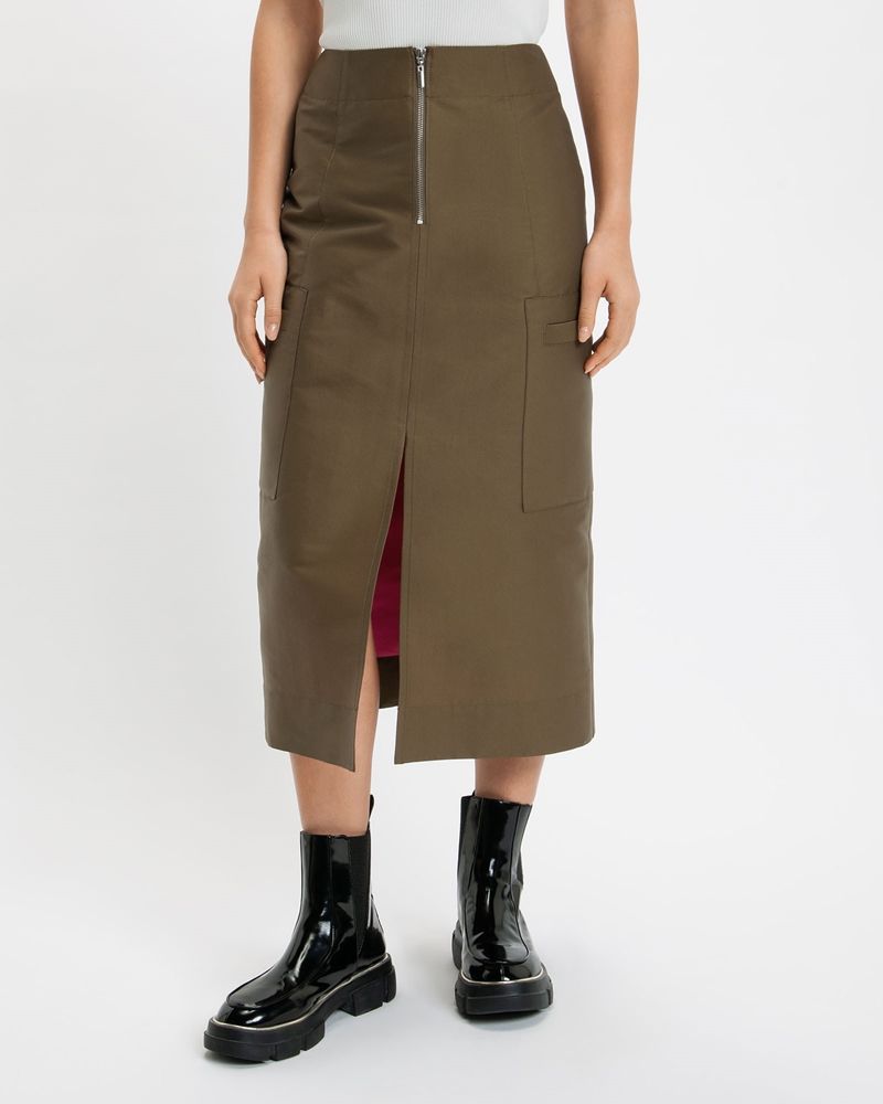 Skirts | Double Faced Taffeta Utility Midi | 360 Olive