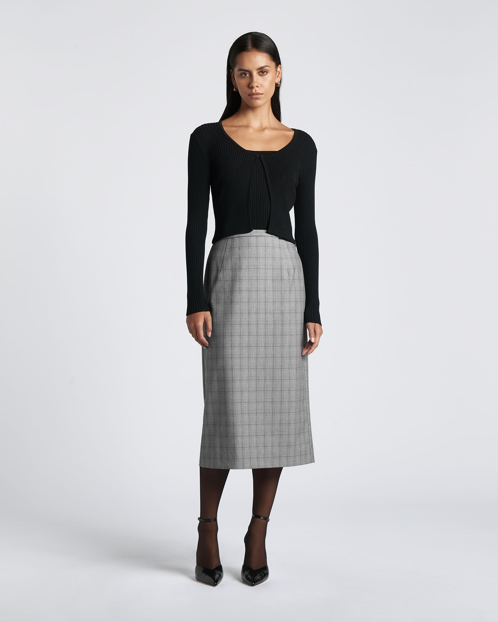 Skirts | Fine Check Tailored Midi Skirt | 985 Black/Grey
