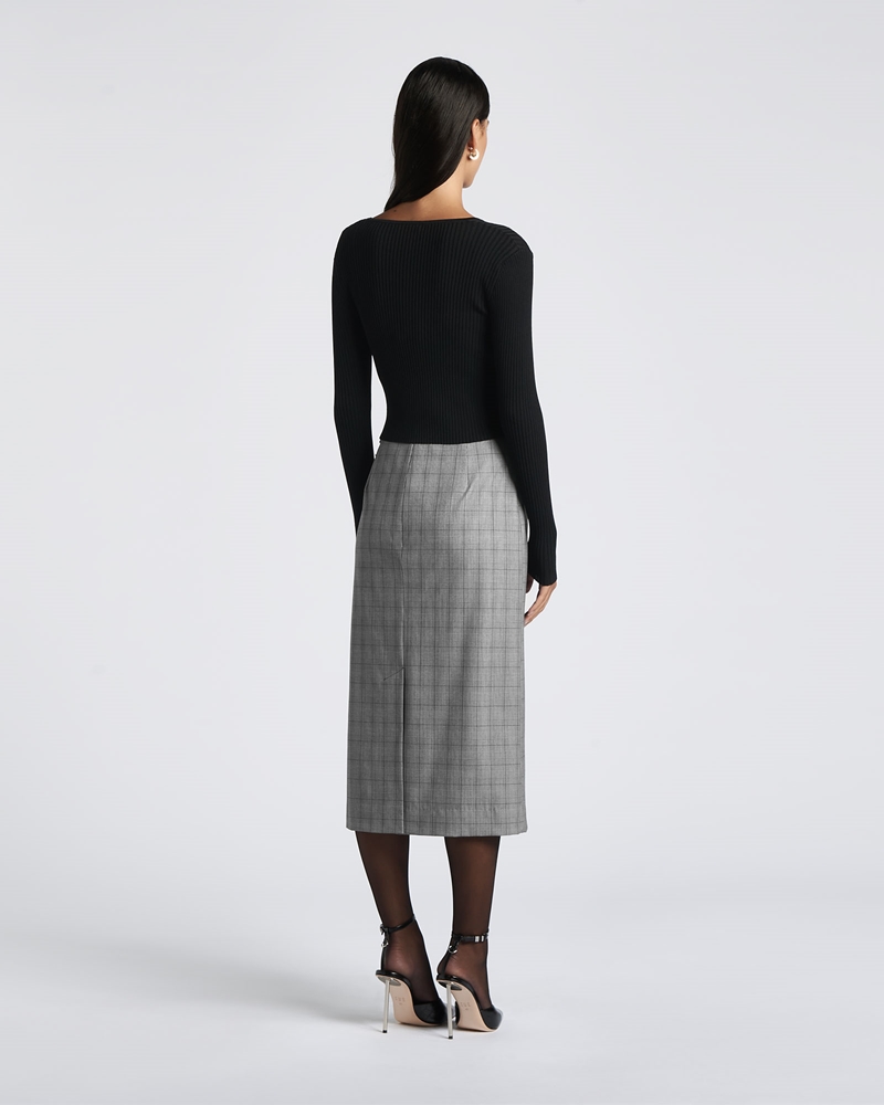 Skirts  | Fine Check Tailored Midi Skirt | 985 Black/Grey