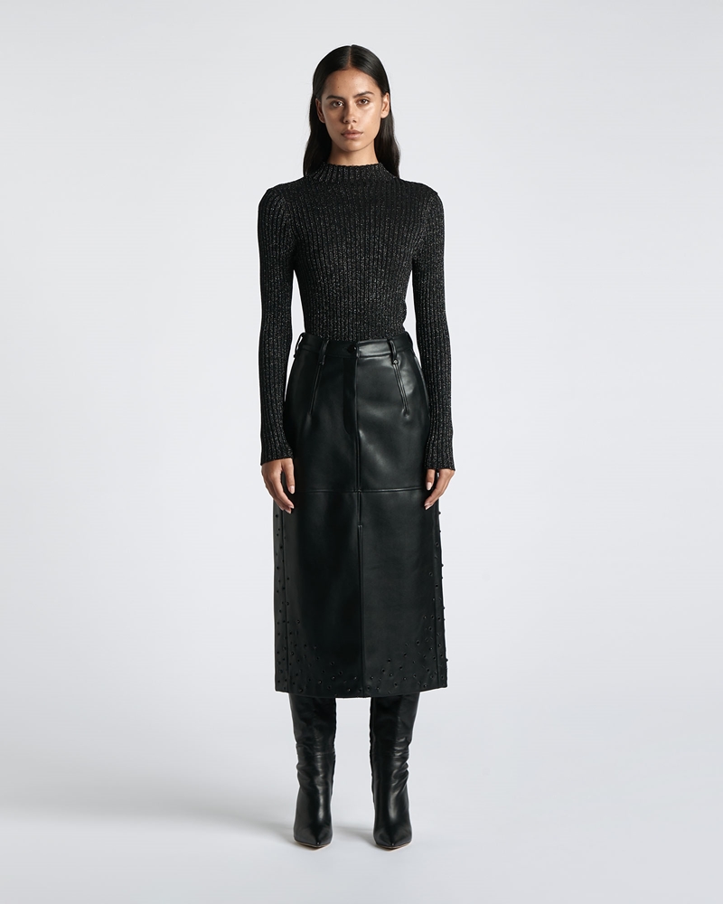 Leather | Embellished Midi Skirt | 990 Black