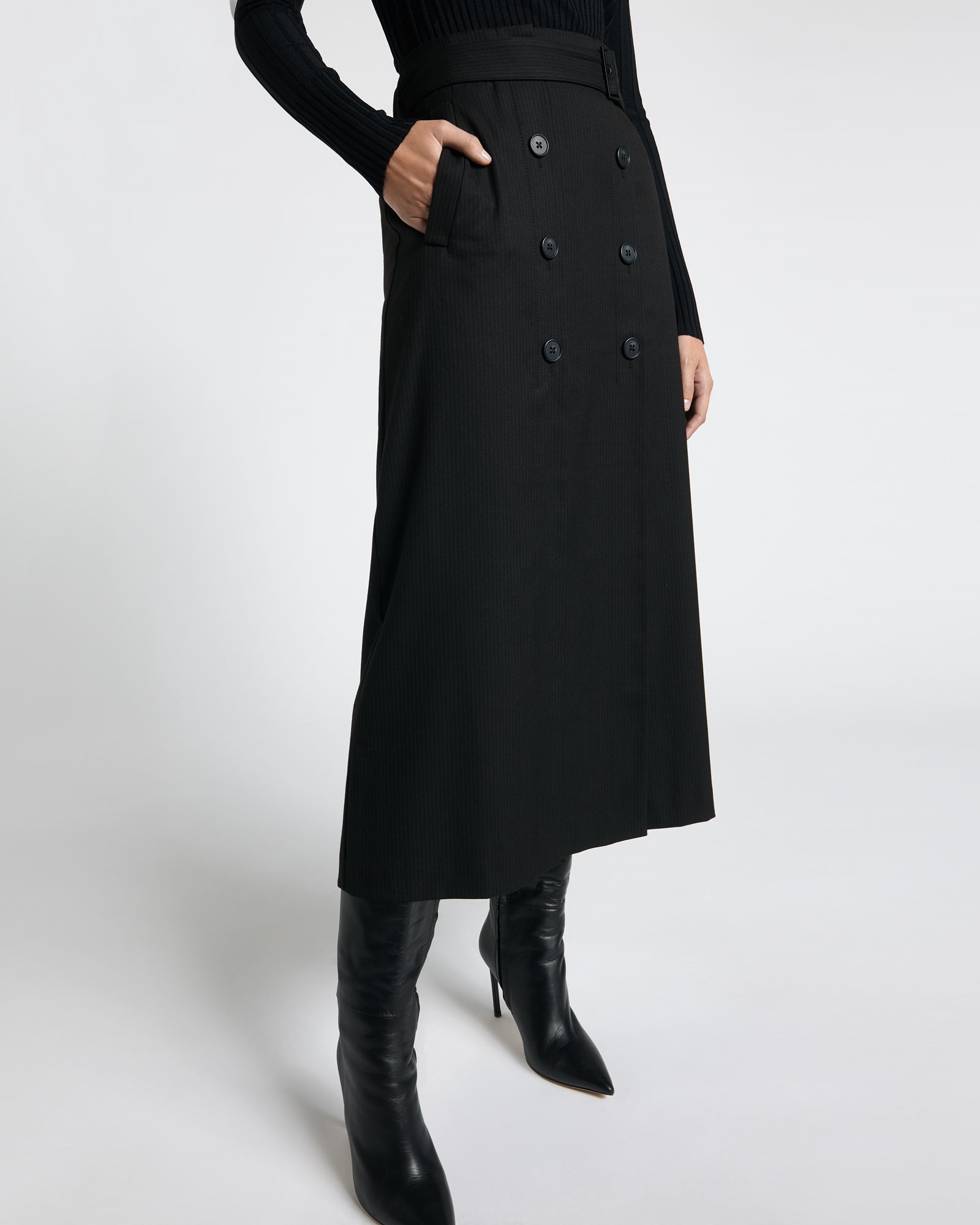 Wear to Work | Pinstripe Button Midi Skirt | 990 Black