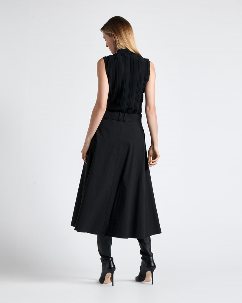 New Arrivals  | Cotton Blend Belted Midi Skirt | 990 Black