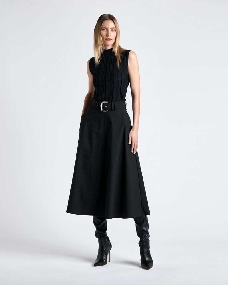 Skirts | Cotton Blend Belted Midi Skirt | 990 Black