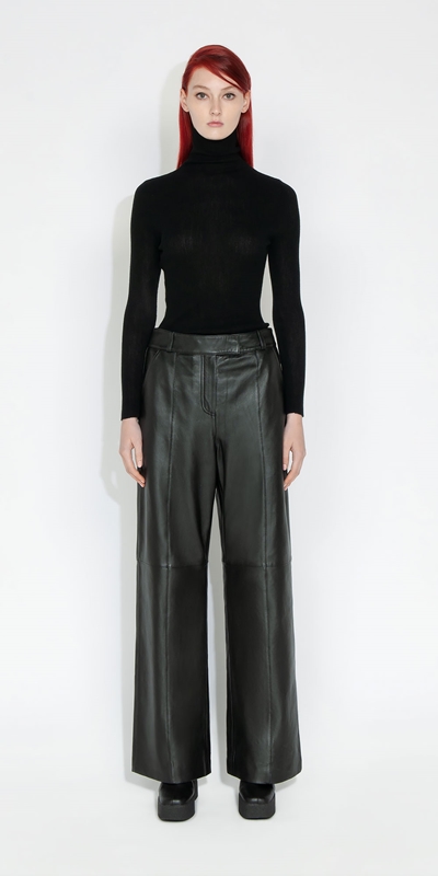 Cue Cares - Sustainable | Leather Wide Leg Pant | 990 Black