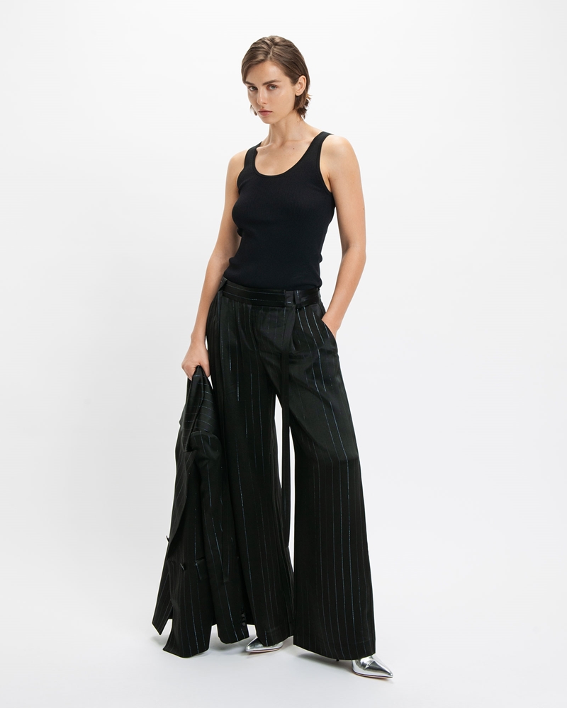 Pants | Holographic Pinstripe Pleat Front Pant | 990 Black