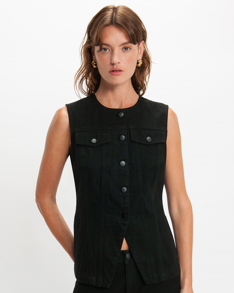 Denim | Black Denim Buttoned Vest | 990 Black