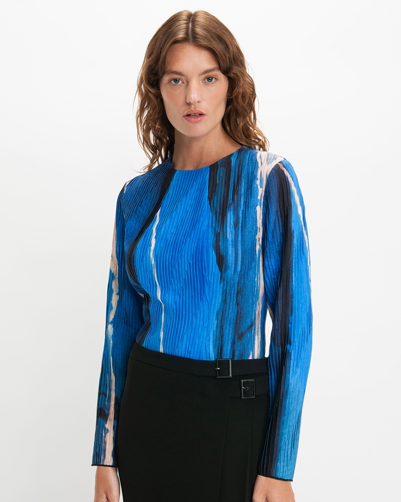Tops and Shirts | Brushstroke Plisse Long Sleeve Top | 731 Azure