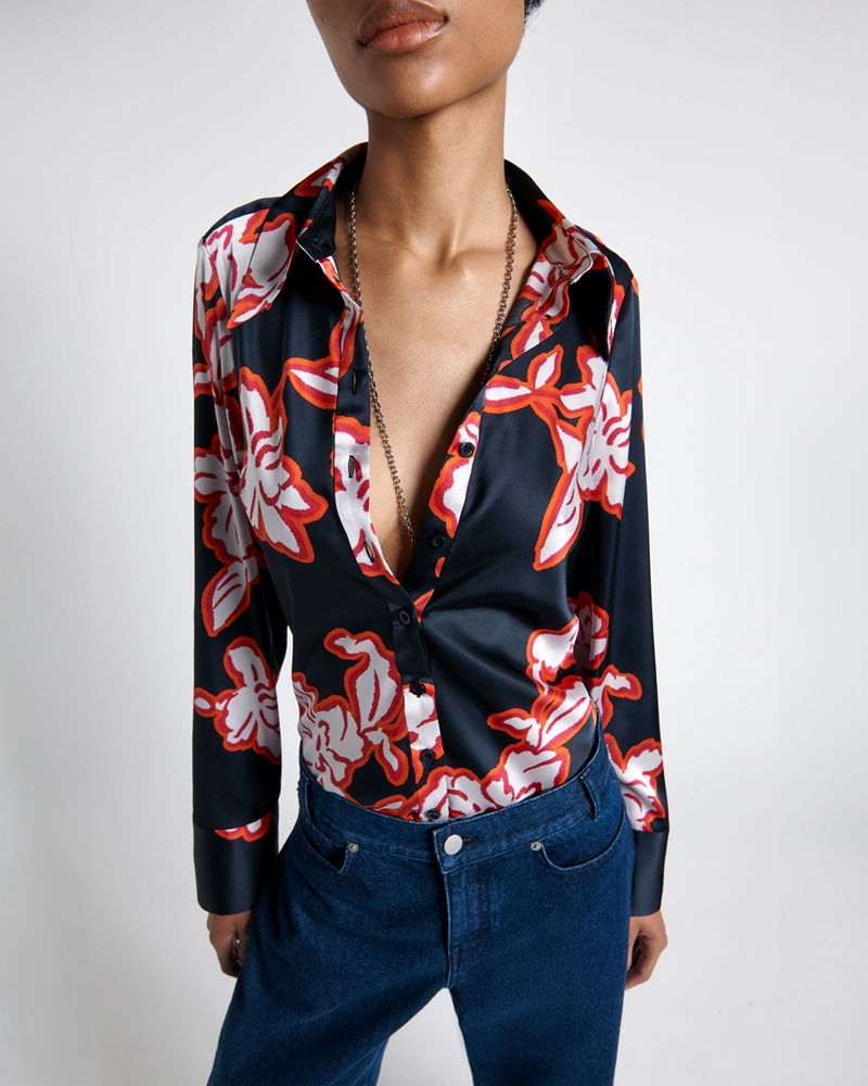 New Arrivals  | Illustrated Floral Satin Shirt | 760 Navy
