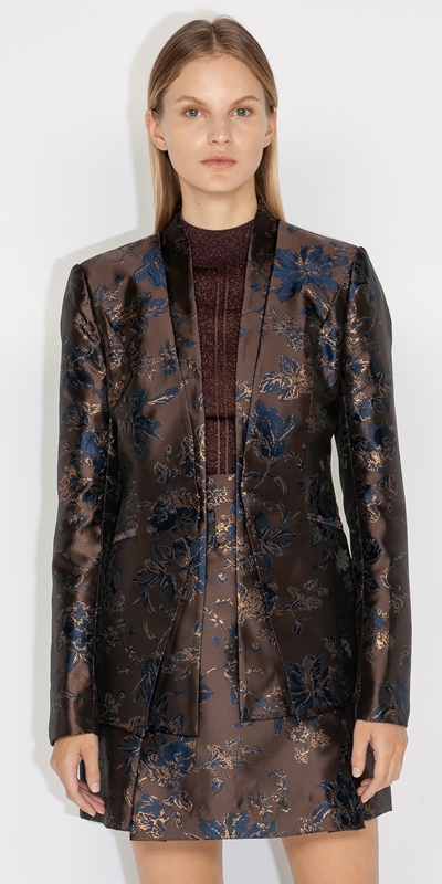 Jackets and Coats  | Rose Jacquard Collarless Jacket | 802 Mocha