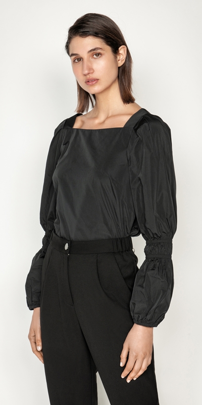 Tops and Shirts  | Fine Faille Puff Sleeve Top | 990 Black