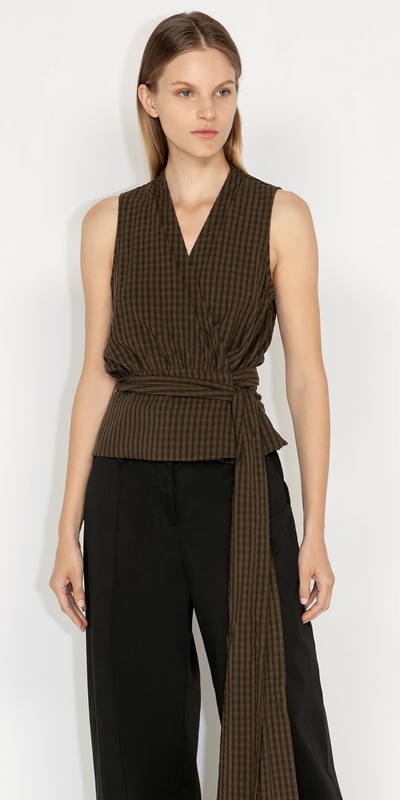 Cue Cares - Sustainable  | Gingham Wrap Top | 340 Khaki