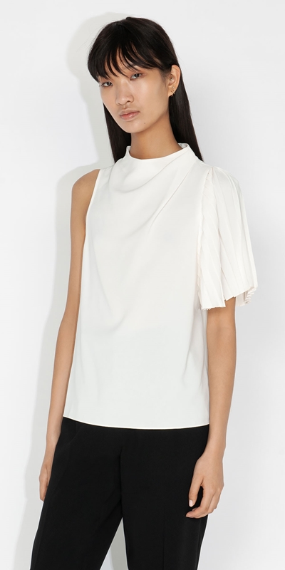 New Arrivals  | Tuck Neck Pleat Sleeve Top | 110 Off White