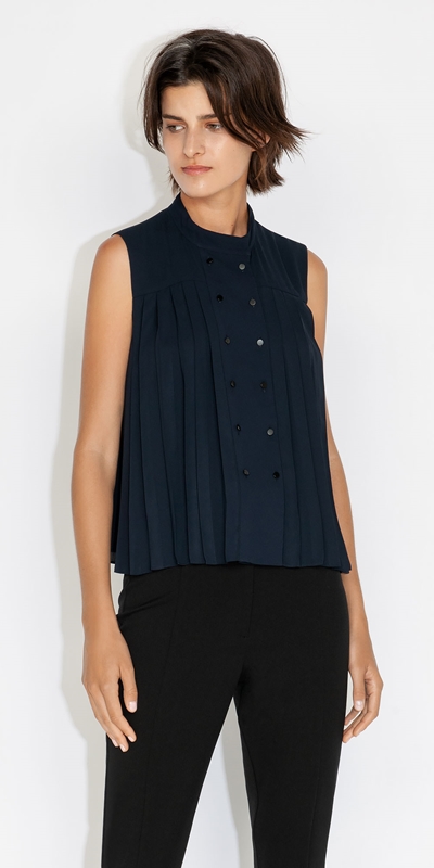 Cue Cares - Sustainable  | Pleat Front Top | 792 Dark Ink