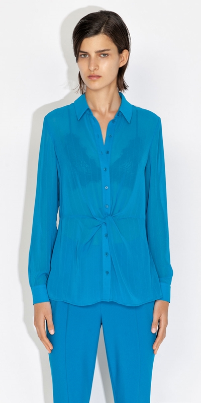 Tops and Shirts  | Corded Georgette Twist Front Shirt | 730 Cerulean