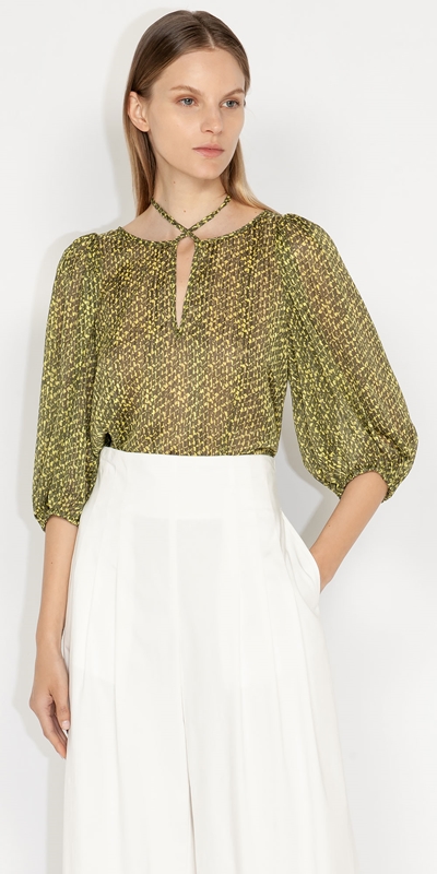 Tops and Shirts  | Keyhole Blouson Sleeve Top | 206 Lime Yellow