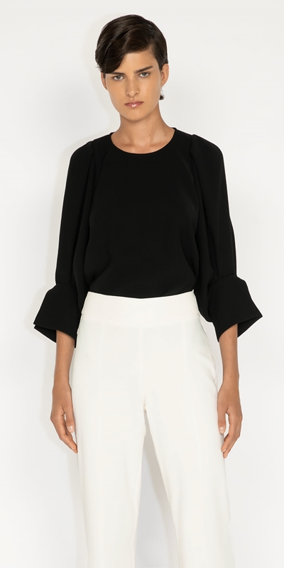 Tops and Shirts  | Twill Flounced Sleeve Top | 990 Black