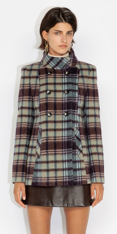 Sale  | Brushed Check Double Breasted Coat | 701 Duck Egg