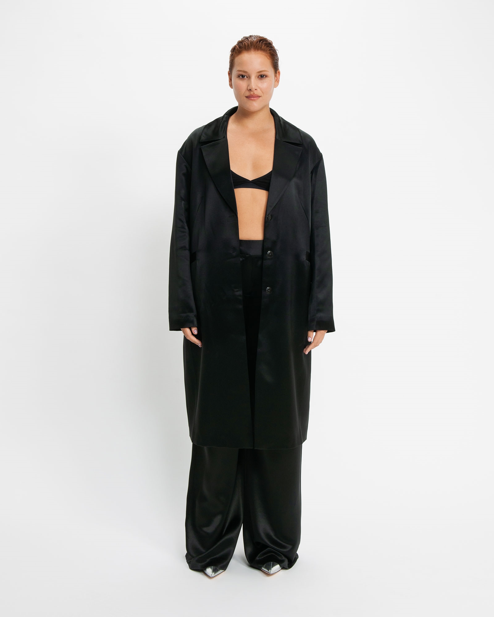 Jackets and Coats | Satin Cocoon Midi Coat | 990 Black