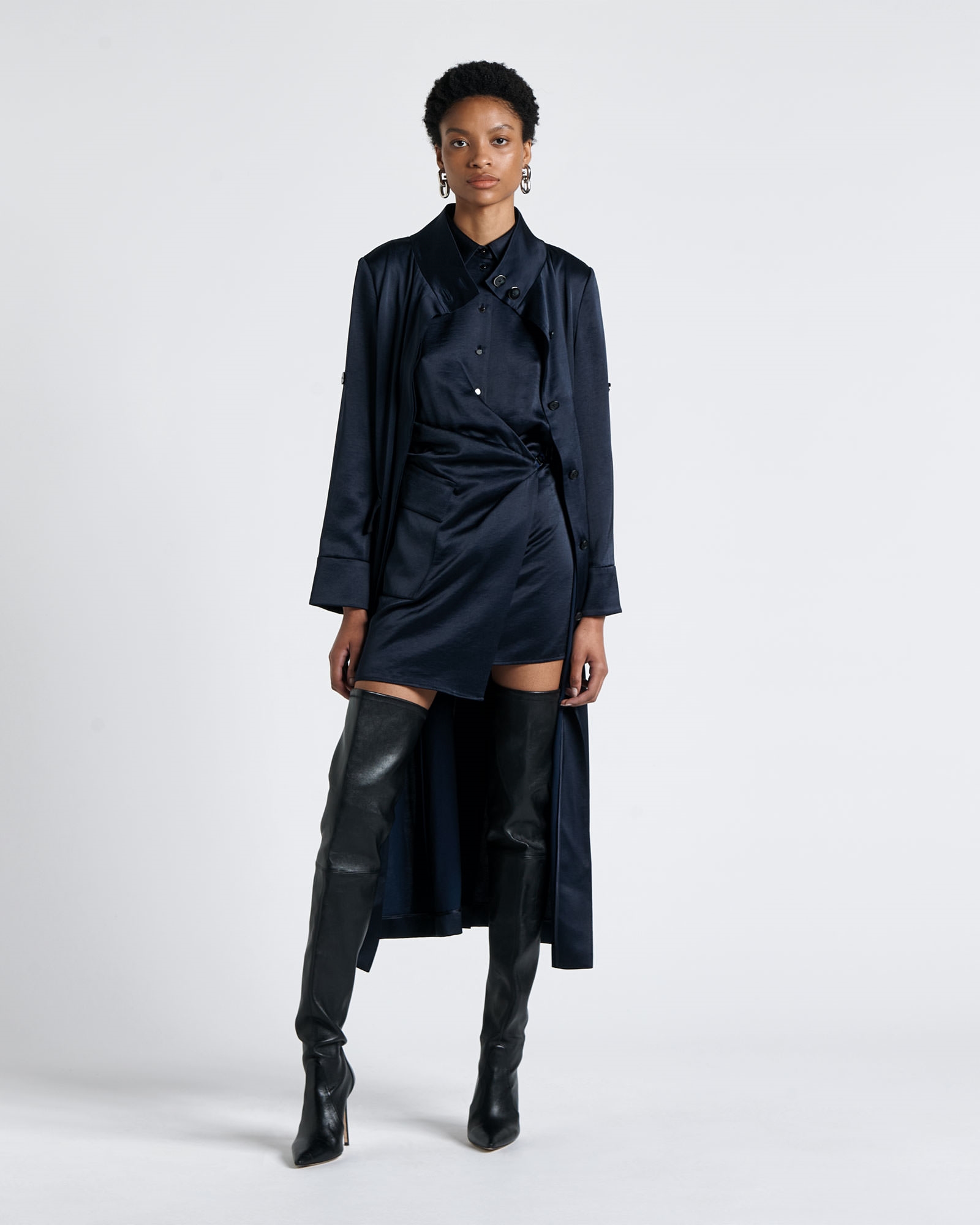 Jackets and Coats  | Funnel Neck Satin Trench Coat | 780 Ink