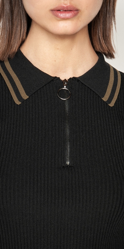 Knitwear | Zip Front Collared Knit | 990 Black