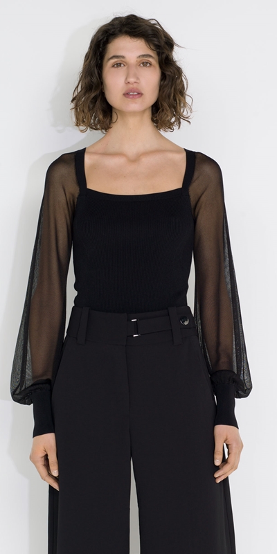Tops and Shirts  | Sheer Sleeve Square Neck Knit | 990 Black