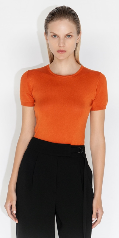 Tops and Shirts  | Short Sleeve Round Neck Knit | 282 Tangerine