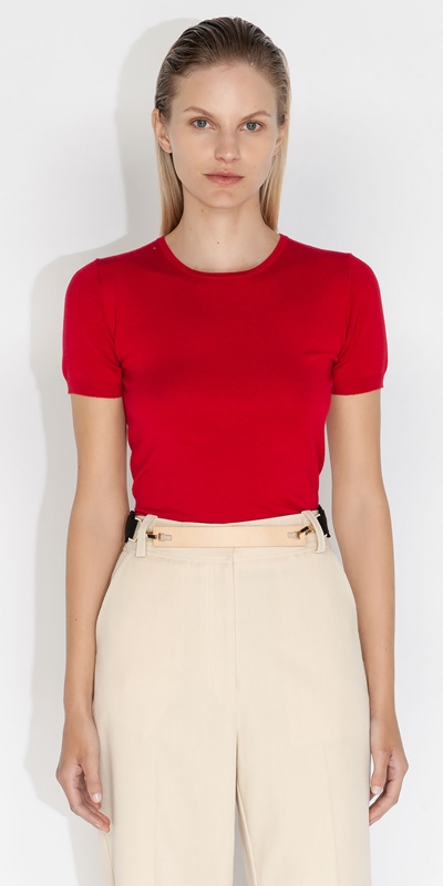 Tops and Shirts  | Short Sleeve Round Neck Knit | 660 Red