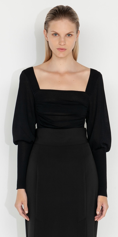 Knitwear | Ruched Puff Sleeve Knit | 990 Black